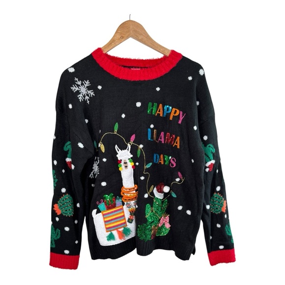 Holiday Time Sweaters - Holiday Time Red and Black Lama Cactus Christmas Sweater Sequins Tassels L